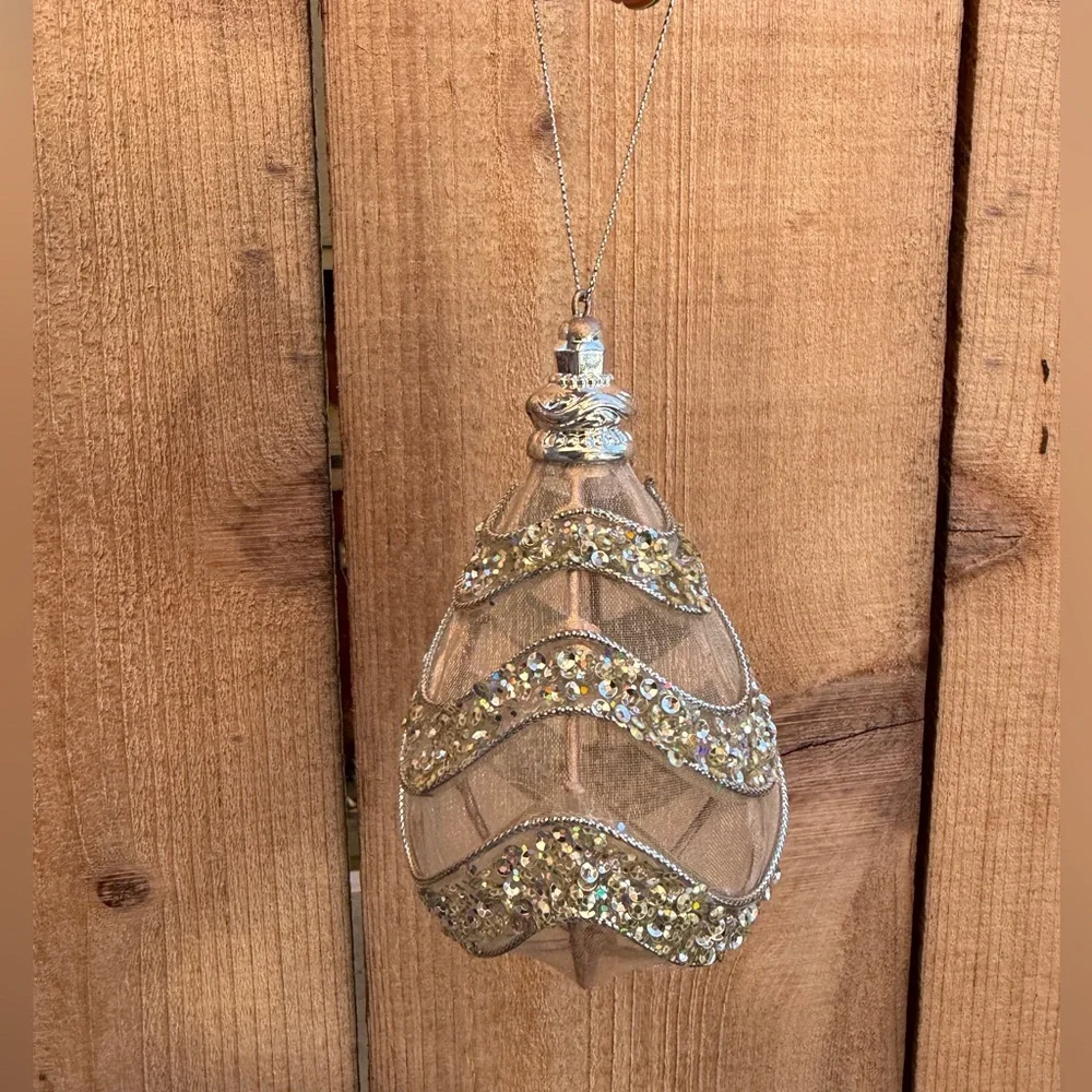 West elm mesh sparkly beaded tear drop Christmas ornament Silver crystal